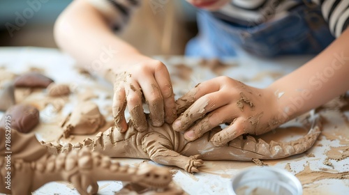 Child Crafting a Clay Dinosaur Sculpture