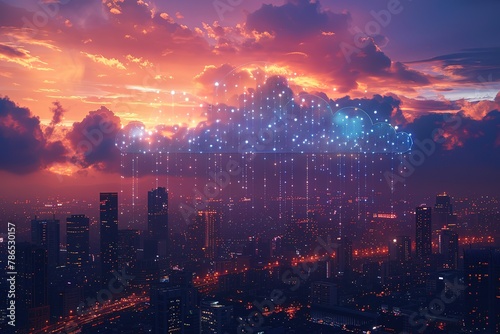 A cityscape at dusk with clouds of digital data flowing above