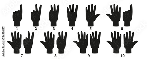 Finger count, silhouette of hands, set of vector illustration on white