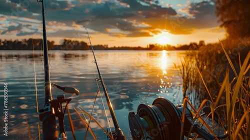 A tranquil scene of a fishing rod silhouetted by the warm glow of a sunset over a calm lake, evoking peace and solitude.