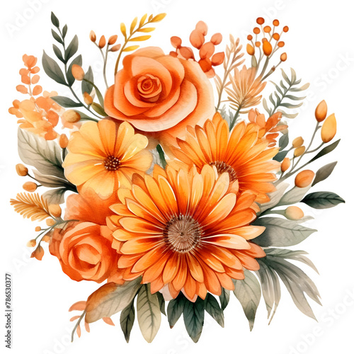 Orange Flowers Watercolor Illustration PNG, Transparent Background