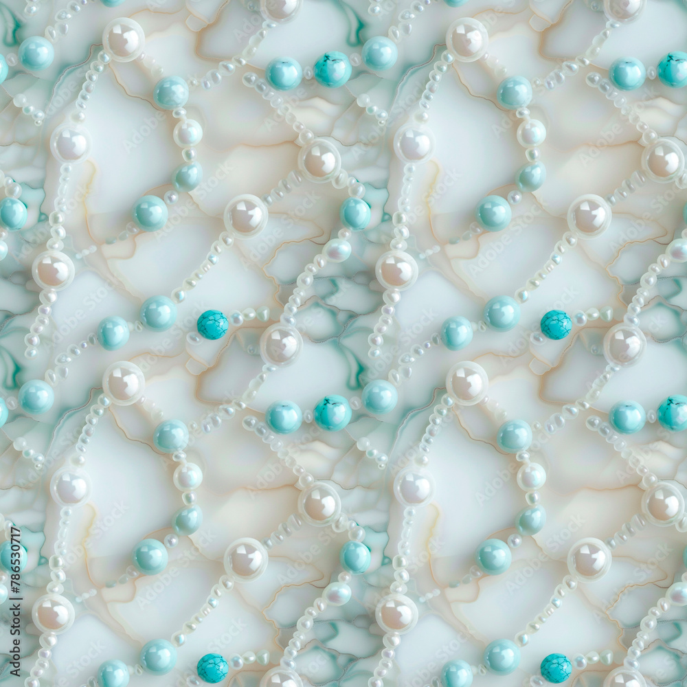 Obraz premium Abstract marble texture with turquoise beads and natural pearls. Seamless background.