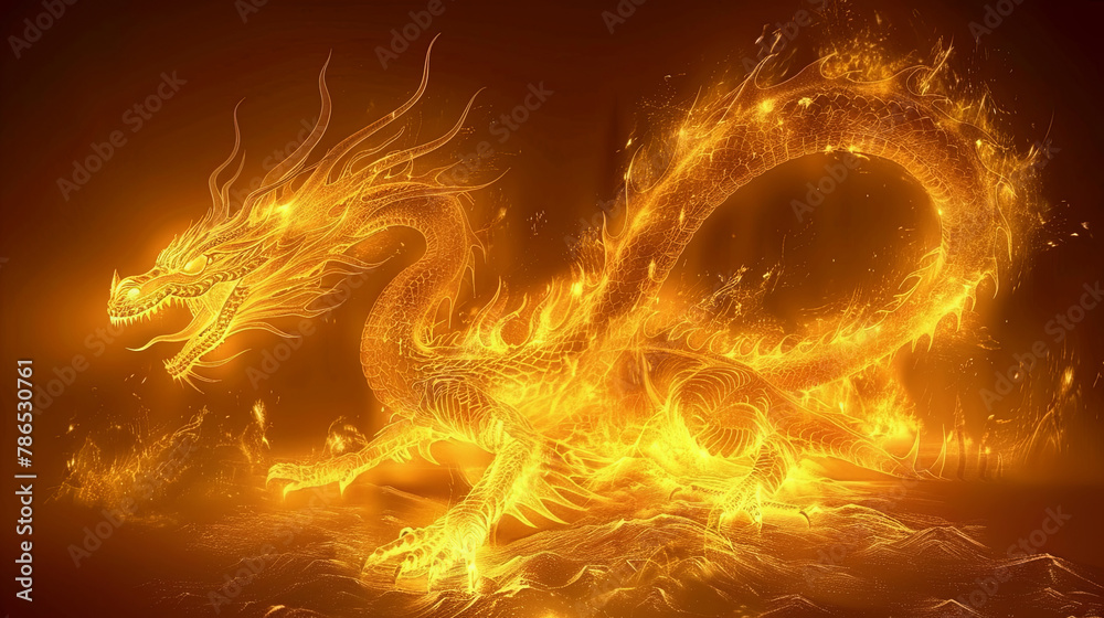 A large, fiery dragon is depicted in the image, with its tail trailing behind it A large, fiery dragon is depicted in the image, with its tail trailing behind it