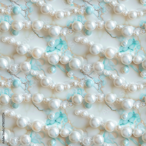 Abstract marble texture with turquoise beads and natural pearls. Seamless background.