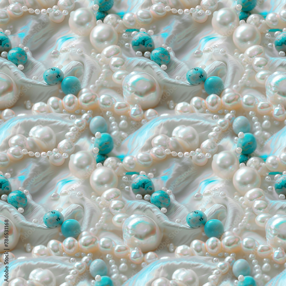 Abstract marble texture with turquoise beads and natural pearls. Seamless background. Abstract marble texture with turquoise beads and natural pearls. Seamless background.