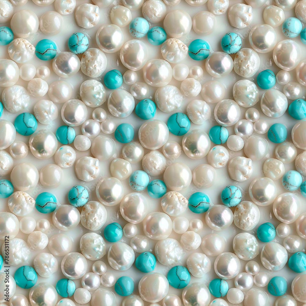 Abstract background with large turquoise beads and natural pearls. Seamless background. Abstract background with large turquoise beads and natural pearls. Seamless background.