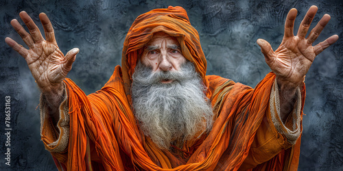 A man with long white hair and a beard is wearing an orange robe © JVLMediaUHD