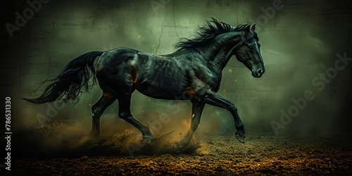 A horse is running through a field of dirt