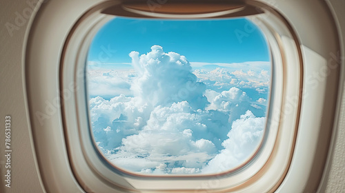 A window on an airplane with a view of the sky and clouds