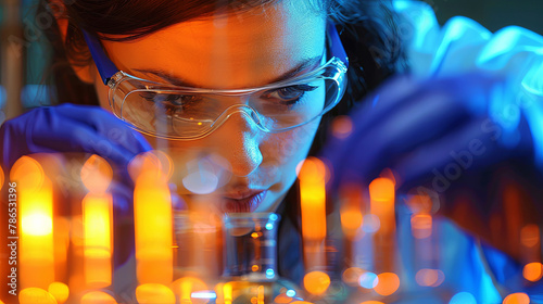 A woman wearing a lab coat and goggles is looking at a beaker of liquid