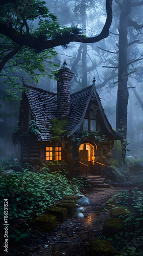 Enchanted Fairytale Forest and Cabin Under the Starlit Sky: A Mystical Haven for Stories Unraveling