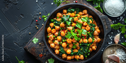 Chickpeas and spinach were cooked in an iron pan. From a top view, the table next to it had salt, spices, a garlic head and coriander leaves