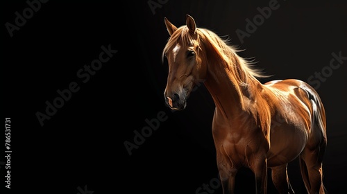 A beautiful horse standing out against a black backdrop.