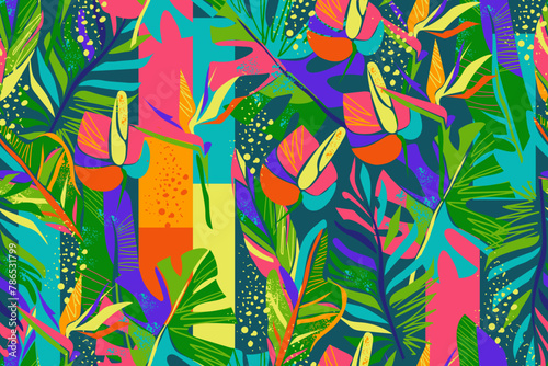 Seamless pattern with tropical flowers, leaves and abstract elements. Colorful bright summer pattern. Monstera, palm, croton leaves, anthurium flowers, strelitzia. Modern exotic jungle. Vector. © Oksana_Skryp