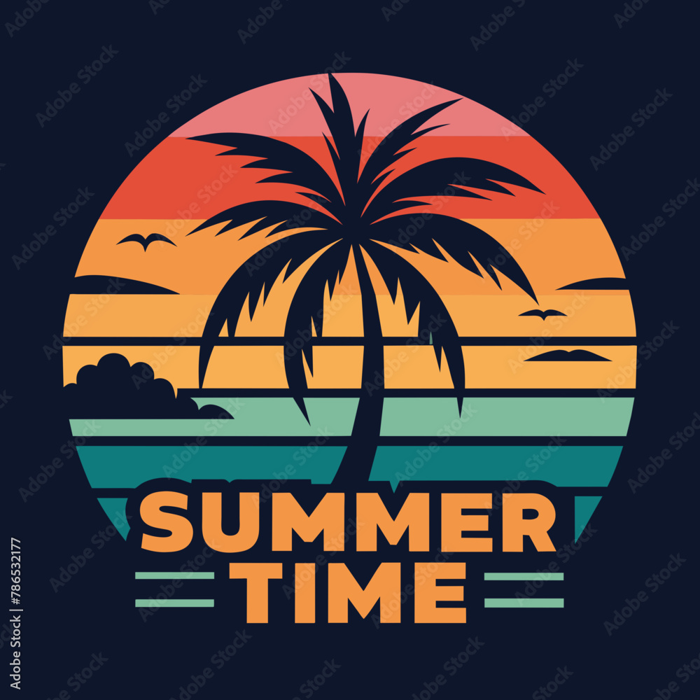 Sunset with palm tree vector illustration