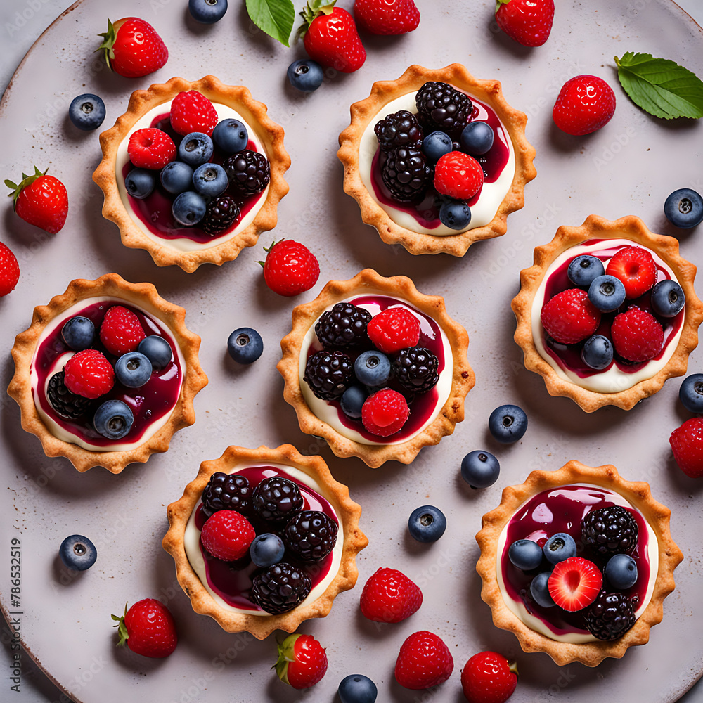 Healthy summer pastry dessert. Berry tartlets or cake with cream cheese top view. - obrazy, fototapety, plakaty 