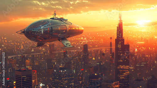 Digital art showcasing a futuristic flying car soaring gracefully over a densely populated urban cityscape at sunset, blending advanced technology with the dynamic energy of a bustling metropolis.