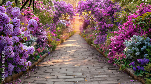 A walkway with a brick path and a row of purple flowers
