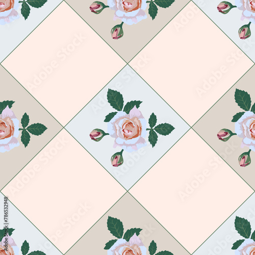 Vector floral pattern, seamless for kitchen tablecloth design, pink rose flowers on a checkered diagonal background in pastel colors