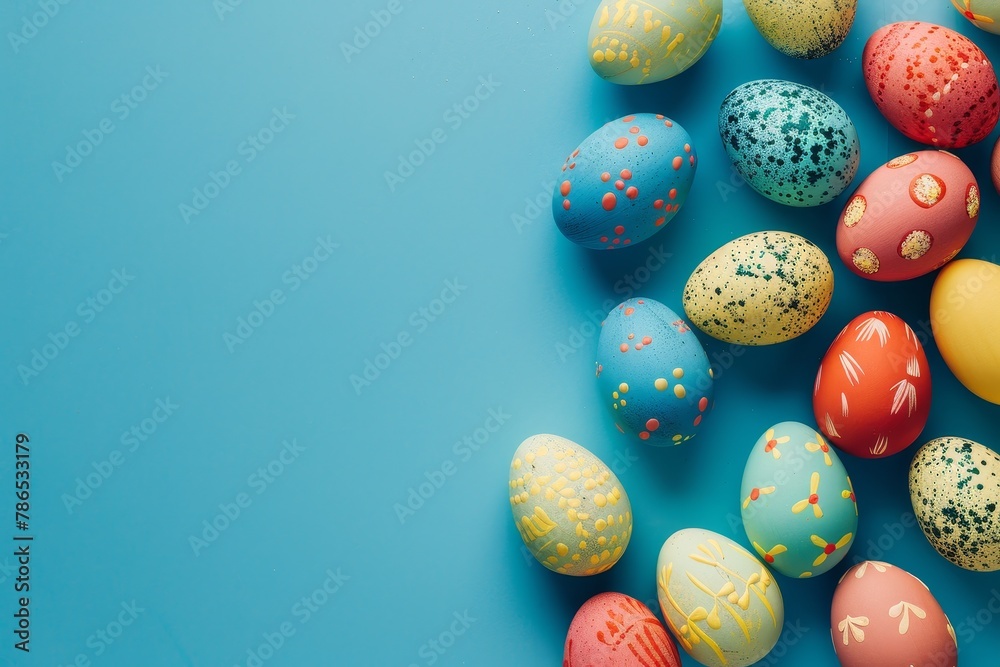 Multi-colored Easter eggs with beautiful patterns on a blue background. Concept: Christian Easter, holiday