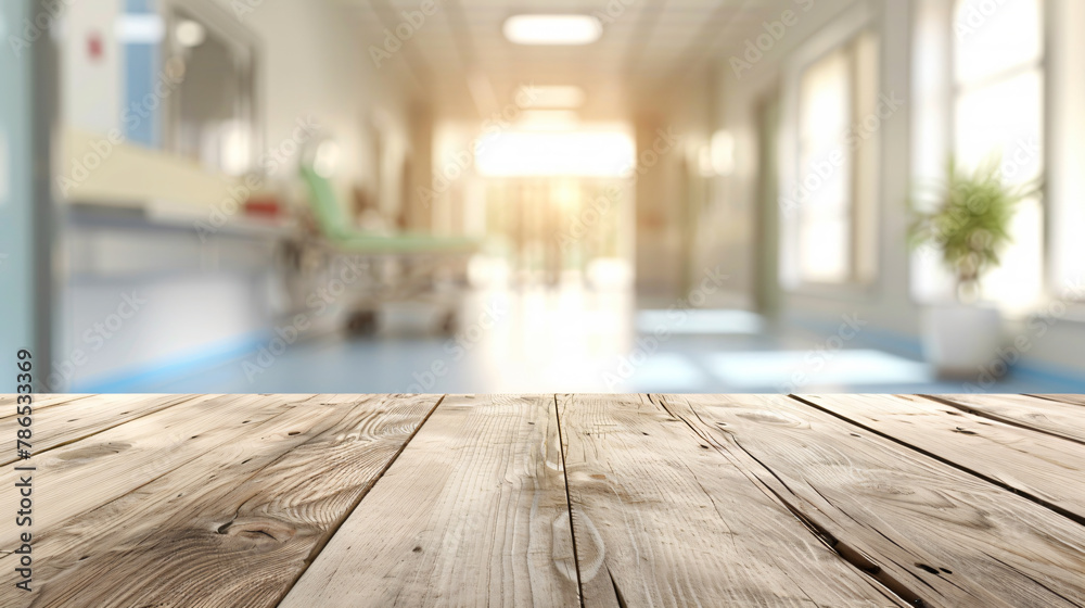 Open Empty Wooden Table With Hospital Backgrounds Open Empty Wooden Table With Hospital Backgrounds