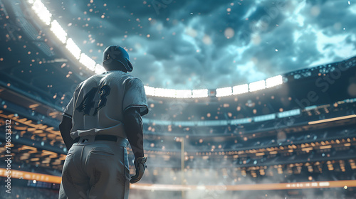 Base Ball Player in Big stadium with sky background, ai generative