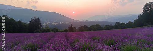 A field of purple flowers with a sunset in the background