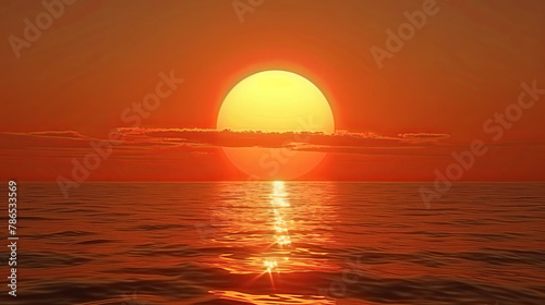 A beautiful sunset over the ocean with a large sun in the sky
