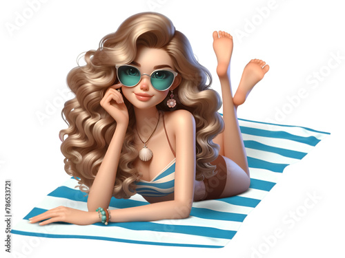 Summer Vibes, 3D Cartoon Illustration of a Gorgeous Woman Relaxing on a Beach Towel © Rubel