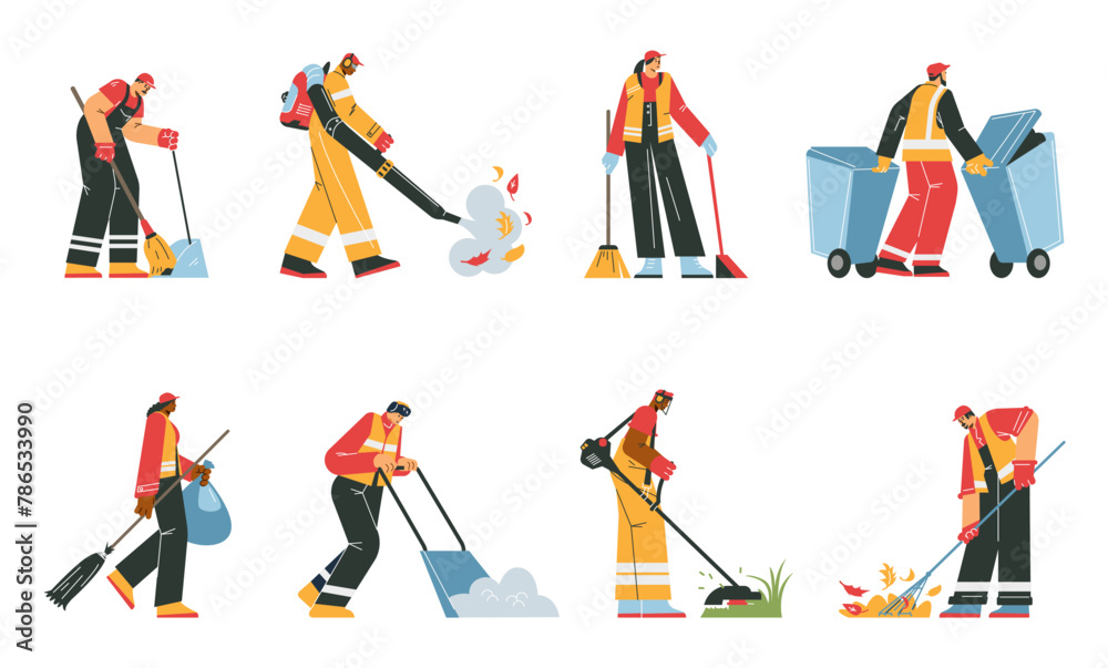 Street cleaners and janitors in uniform vector set, cleaning and gathering garbage, mows grass, Street cleaning service