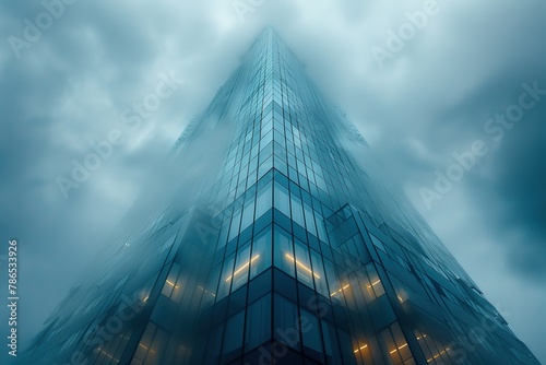 A towering glass building with sharp edges  captured from the bottom up in a wide angle perspective.