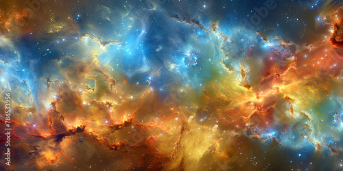 A colorful space scene with a yellow and orange cloud in the middle © JVLMediaUHD