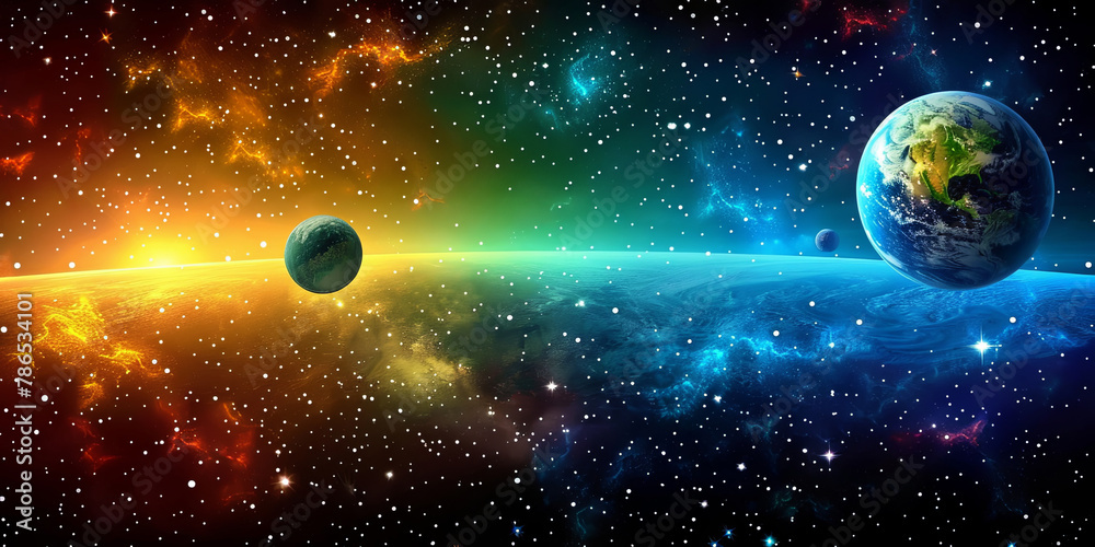 Obraz premium A colorful space scene with two planets and a star