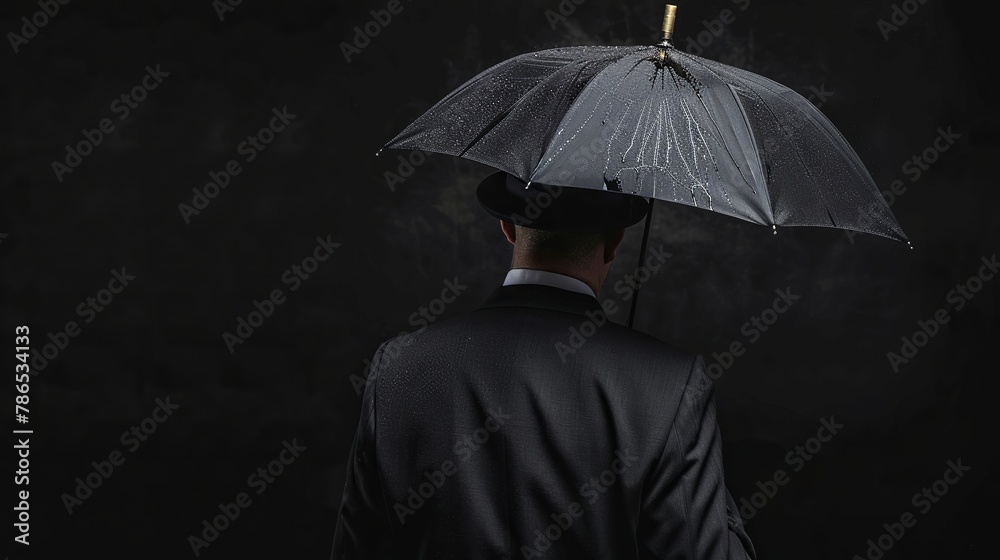 A man in a suit and bowler hat holds an umbrella against a black background, representing vintage style and retro fashion.