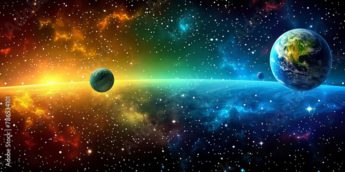 A colorful space scene with two planets and a star