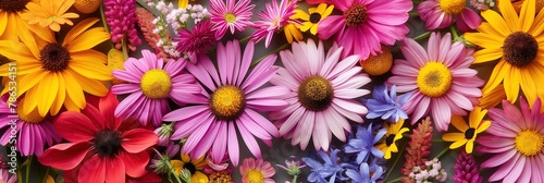 A colorful bouquet of flowers with a variety of colors including pink  purple