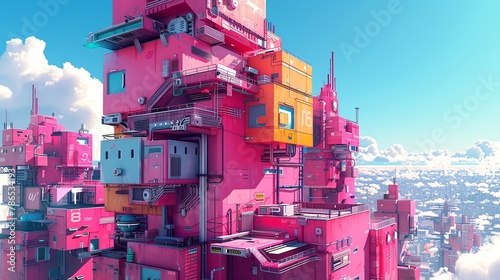 Capture the eerie beauty of dystopian architecture with a pop art twist! Show vibrant colors and angular buildings from unusual camera angles for a fresh perspective Digital Rendering Techniques, photo