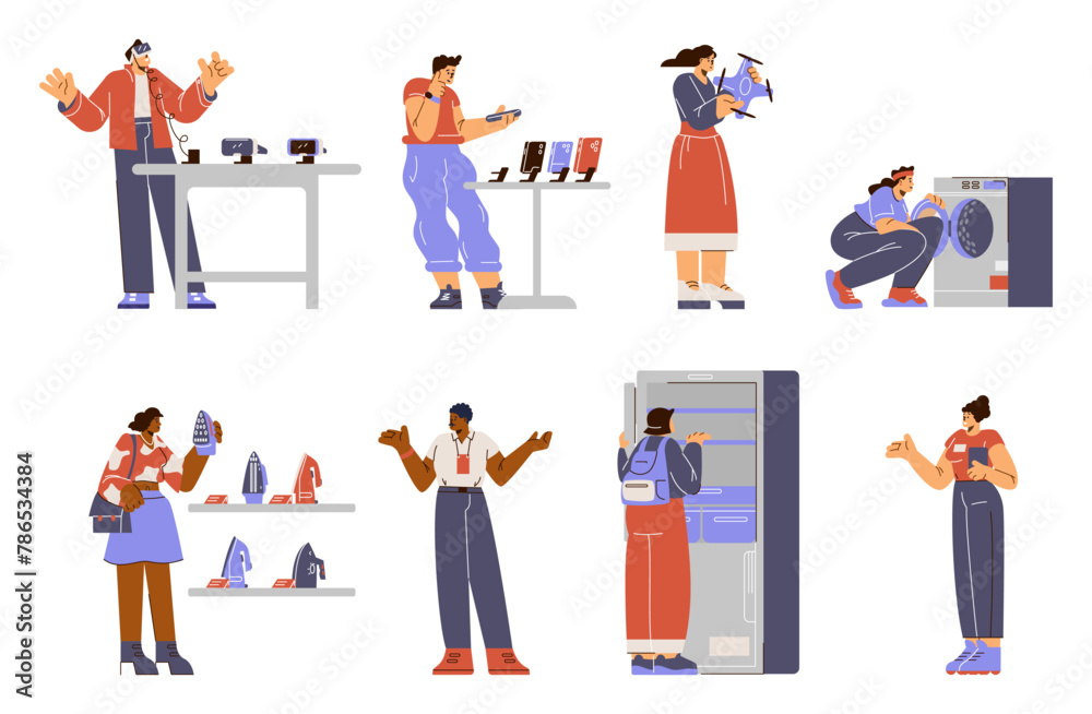 People buy electronics and computers, set of flat vector illustrations isolated.