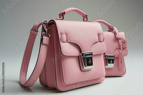 A pink mini bag with a shoulder strap and a small lock on the front, with light pastel colors, is displayed against a white background. photo