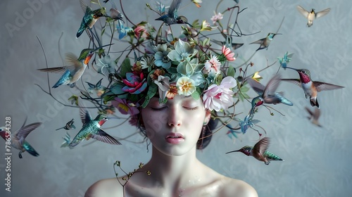 Wallpaper Mural Ethereal Floral Portrait of a Contemplative Woman Adorned with a Whimsical Headpiece of Flowers and Hummingbirds Torontodigital.ca