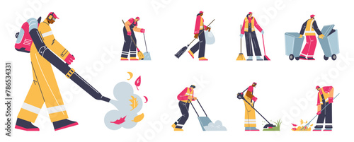 Street cleaning or garden maintenance set flat vector illustration isolated.