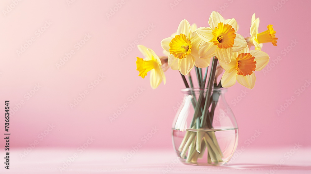 photo of daffodils in a glass vase on a light yellow background, in the style of minimalism, allowing space for text