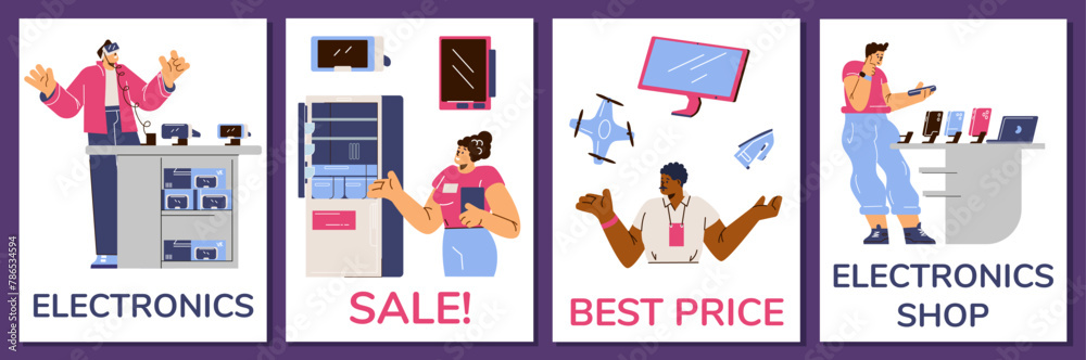 Electronic shop advertising vector posters set, cartoon happy buyers with digital appliances, phones, laptop, Best price