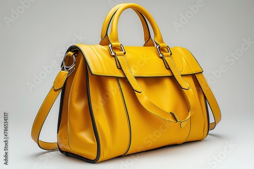 A simple yellow leather handbag with shoulder strap, product photography, white background photo