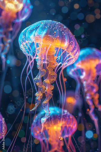 Capture the mesmerizing glow of bioluminescent jellyfish in a cubist style  showcasing intricate geometric forms and vibrant colors Emphasize depth and dimension in a high-angle composition
