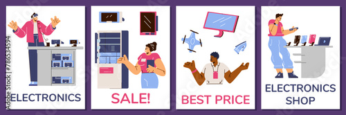 Electronic shop advertising vector posters set, cartoon happy buyers with digital appliances, phones, laptop, Best price