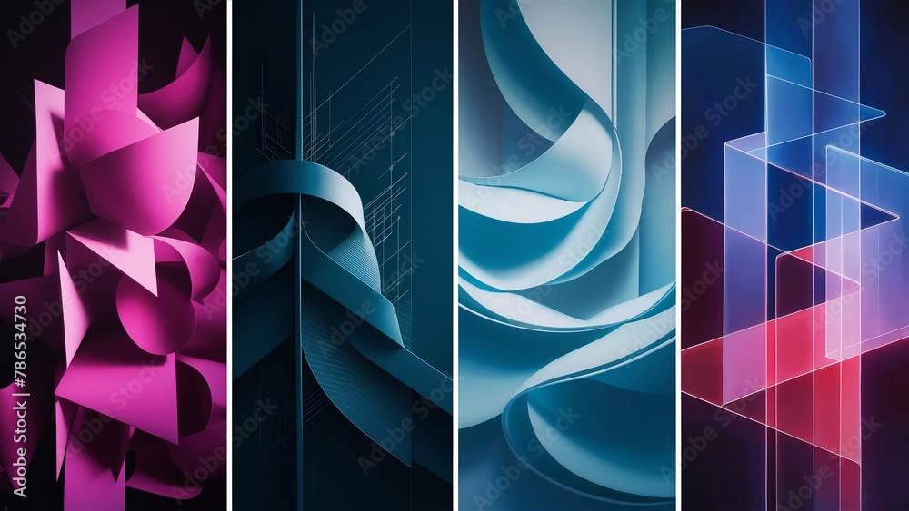 A four-panel abstract art series is displayed, composed of fluid forms and stark lines. Each panel bursts with bold, upbeat colors: pink, dark blue, light blue and a delightful mix of pink, blue,...