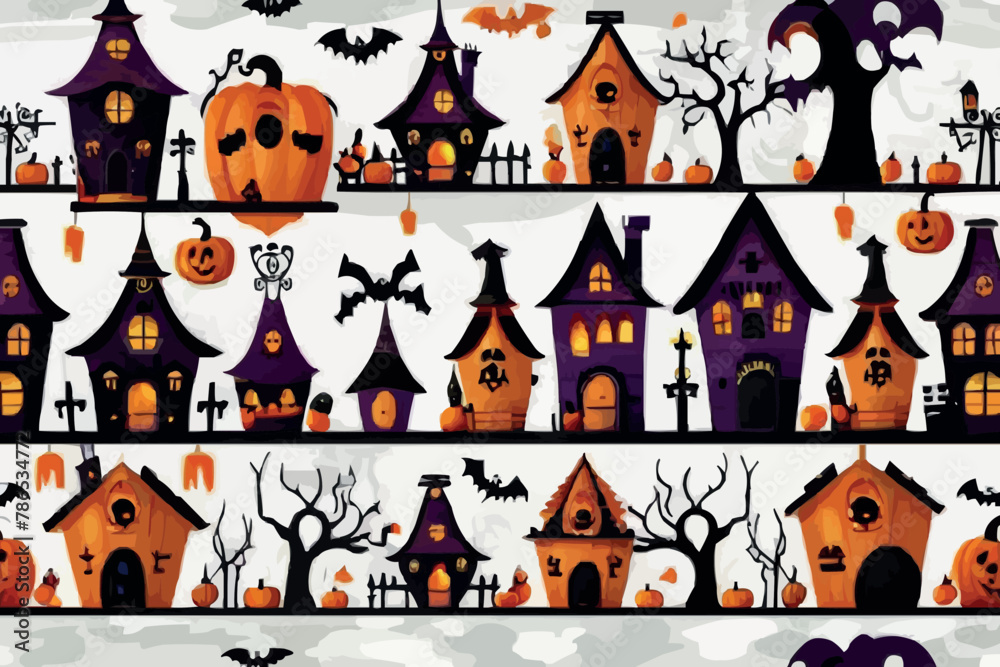 Haunted house halloween with bat, tree, grave, pumpin, elements for halloween greeting card, vector illustration