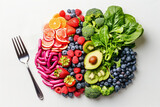 A fork is on a plate with a variety of fruits and vegetables, including raspberries, blueberries, kiwi, and broccoli