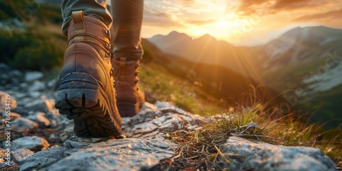 A person is walking on a rocky mountain trail with a beautiful sunset in the background. The person is wearing hiking boots and he is enjoying the scenery